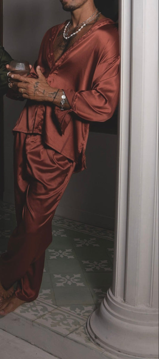 Terracotta silk-effect shirt and pants set – Armè DESERT ROSE SET