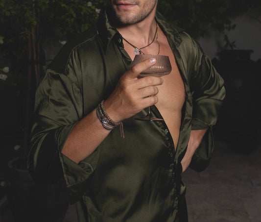 Dark olive silk-effect shirt and pants set – Armè OLIVE SET